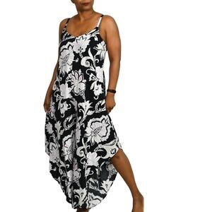 Wide Leg Jumpsuit Black Printed Draped Pink Straps Capri Loose Sack Size Medium